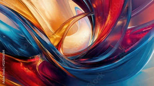 A vivid abstract composition with swirling brushstrokes in bold shades of blue, red, and gold, exuding motion and vibrancy