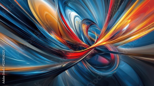 A vivid abstract composition with swirling brushstrokes in bold shades of blue, red, and gold, exuding motion and vibrancy