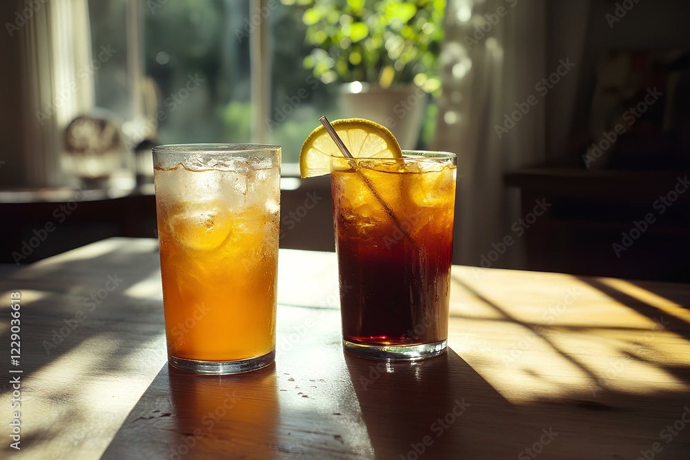 Cold glass of lemonade and iced tea in home interior on a sunny table
Cold glass of lemonade and iced tea in home interior on a sunny table