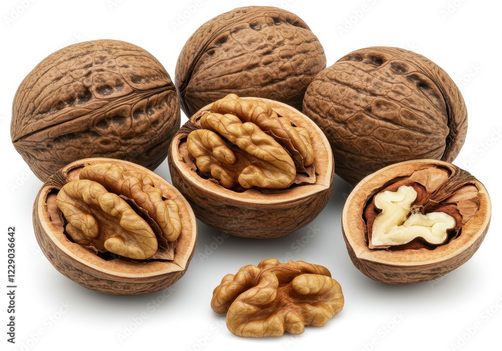 A cluster of whole brown walnuts with a cracked one revealing the edible kernel inside isolated on a white background A cluster of whole brown walnuts with a cracked one revealing the edible kernel inside isolated on a white background