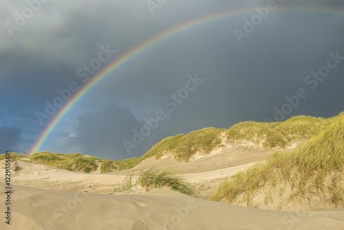 Rainbow over dune landscape, Henne Mølle, Syddanmark, Denmark, Europe photo