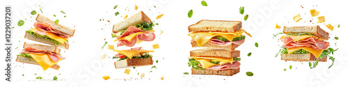 Ham and cheese sandwich flying through the air with crumbs and cheese stretching, isolated on a white background. set cutout png.