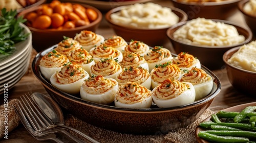Vibrant Thanksgiving buffet showcasing deviled eggs with creamy herb filling, paired with classic dishes like mashed potatoes and green beans