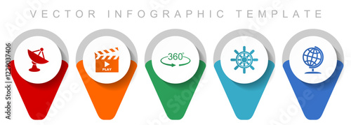 Communication pointer collection, miscellaneous icons such as satellite antenna, cinema, 360 degree, ship wheel and globe, flat design vector infographic template in eps 10