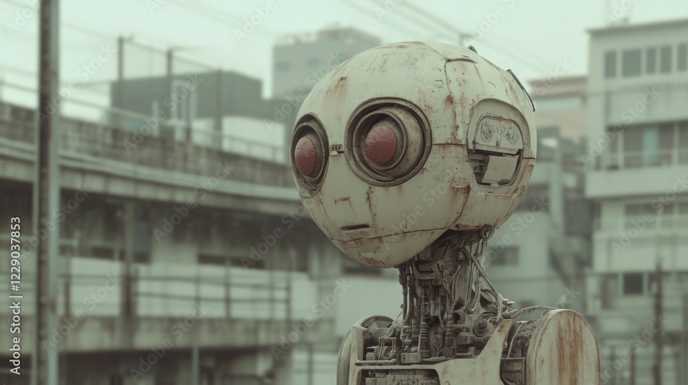 Fototapeta premium Weathered robot stands in urban setting.