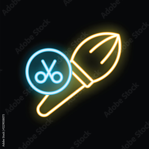 Neon icon of a makeup brush with a discount sign, representing a sale on beauty products