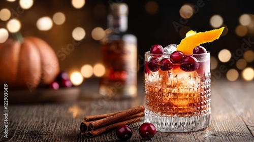 Vibrant bourbon cocktail on a rustic wooden table with cranberries, cinnamon sticks, orange peel garnish, cozy Thanksgiving decor in the background