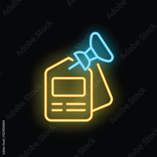Glowing neon icon of a push pin fastening notes on a black background