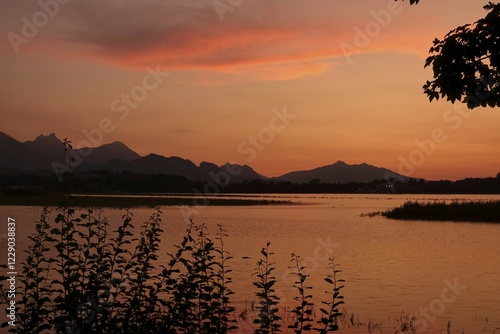 Lake Forggensee with mountain silhouettes in afterglow, Ostallgäu, Bavaria, Germany, Europe photo