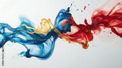 Abstract artwork with flowing brushstrokes in shades of blue, red, and gold, capturing the essence of vibrant energy