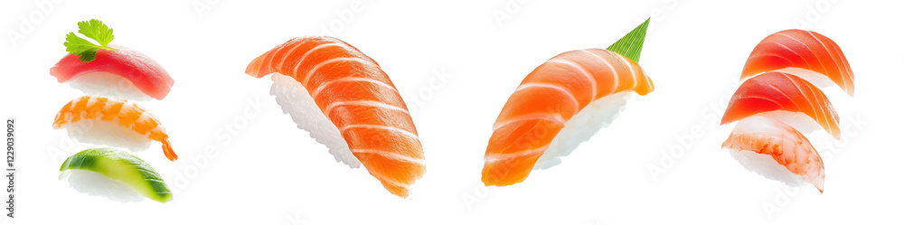 Nigiri flying through the air, isolated on a white background. set cutout png. Nigiri flying through the air, isolated on a white background. set cutout png.