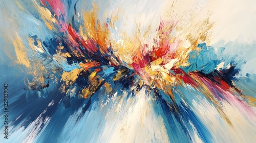 Abstract artwork with flowing brushstrokes in shades of blue, red, and gold, capturing the essence of vibrant energy