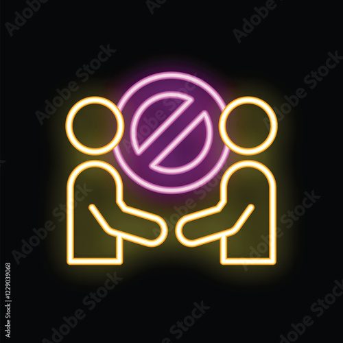 Neon sign of two abstract people holding a forbidden symbol representing disagreement and conflict