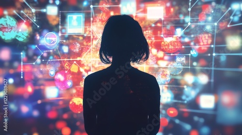 Backview Of Caucasian Woman Looking at Animated Stream Of Online Interfaces With Social Media, Fintech Services, e-Commerce Shopping, Internet Influencers And Video Games. Visualization Of Web Network