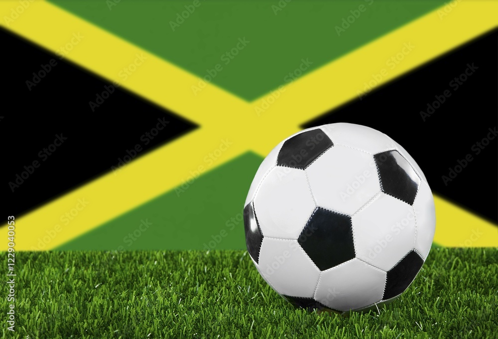 Obraz premium The Jamaica flag and soccer ball on the green grass
