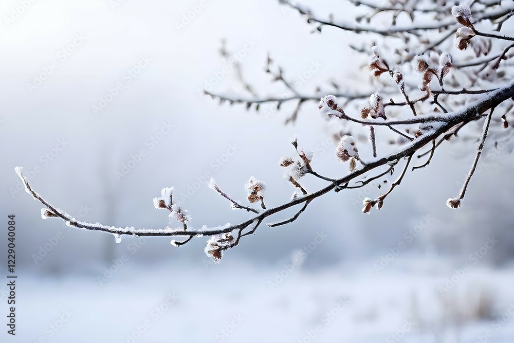 Bare tree branch covered in frost, isolated against a foggy, white winter landscape, AI generated Bare tree branch covered in frost, isolated against a foggy, white winter landscape, AI generated