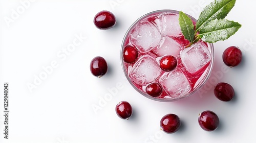 Top view of cranberry gin and tonic with ice cubes, holiday-themed presentation, high detail, glass condensation, isolated on white background