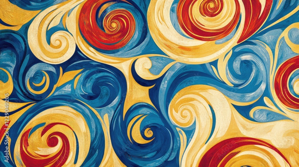 Abstract painting with bold swirls in shades of blue, gold, and red, exuding an energetic and expressive vibrancy Abstract painting with bold swirls in shades of blue, gold, and red, exuding an energetic and expressive vibrancy