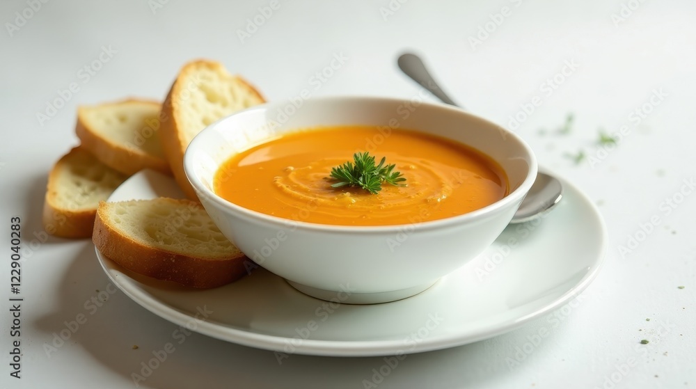 Creamy Autumnal Soup Served with Toasted Bread Slices and Fresh Herb Garnish Creamy Autumnal Soup Served with Toasted Bread Slices and Fresh Herb Garnish