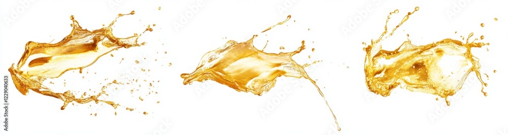 Golden liquid splashes isolated on white background, ideal for advertising Golden liquid splashes isolated on white background, ideal for advertising