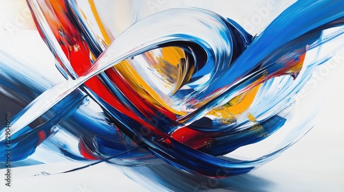 Abstract painting with energetic swirling strokes of blue, red, and gold, creating a vibrant and expressive piece
