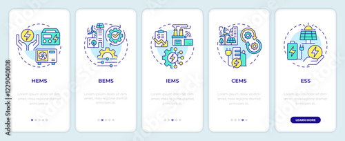 EMS applications onboarding mobile app screen. Walkthrough 5 steps editable graphic instructions with linear concepts. UI, UX, GUI template. Montserrat SemiBold, Regular fonts used