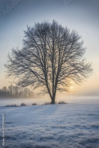 Bare tree covered in frost, isolated against a foggy, white winter landscape, AI generated