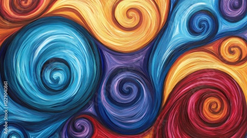 Abstract painting with energetic swirling strokes of blue, red, and gold, creating a vibrant and expressive piece