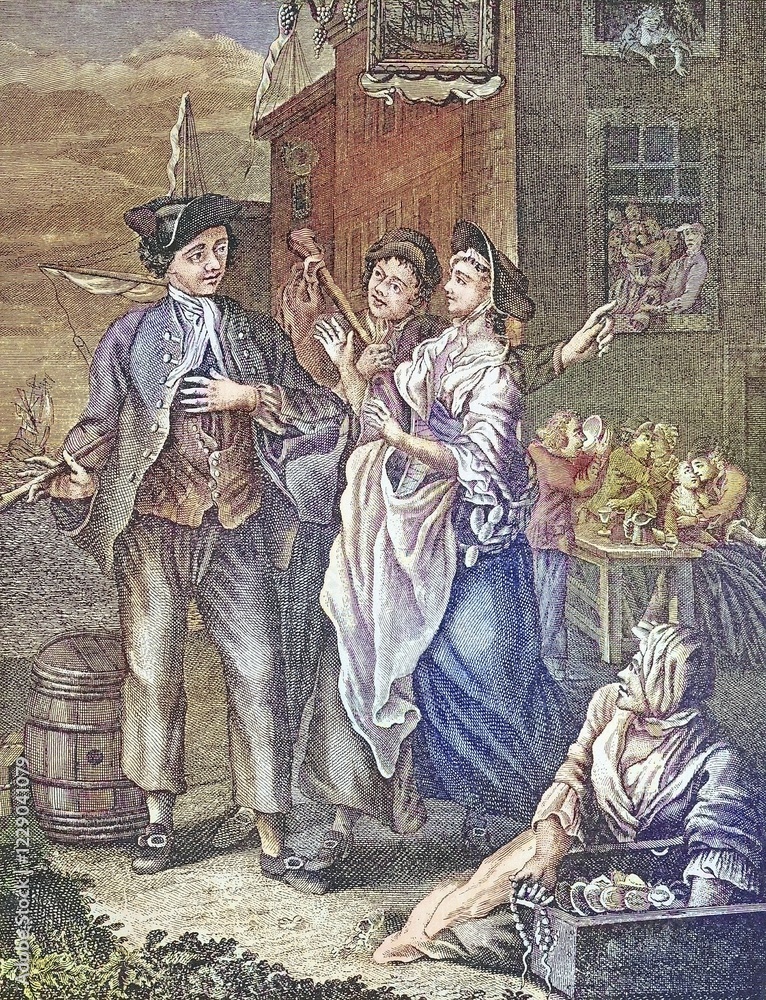 Naklejka premium The hustle and bustle in the harbours of the seaside towns. French copper engraving by S. Duflos, digitally restored reproduction of an original from the 19th century, exact original date unknown