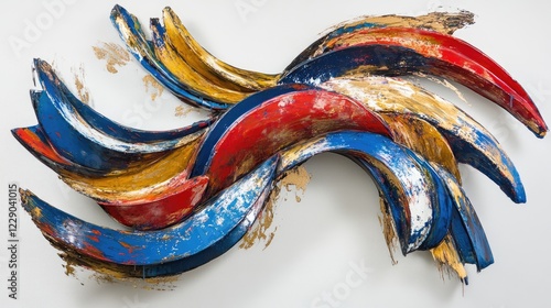 Abstract painting with energetic swirling strokes of blue, red, and gold, creating a vibrant and expressive piece