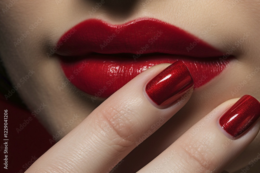 Naklejka premium Woman's bright red lipstick and fingernails. KI generiert, generiert AI generated