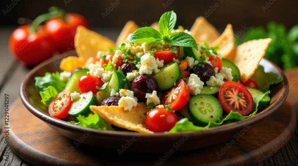 A vibrant medley of fresh cucumbers, juicy tomatoes, and crumbled cheese, artfully arranged atop crispy pita bread triangles in a rustic wooden bowl. A vibrant medley of fresh cucumbers, juicy tomatoes, and crumbled cheese, artfully arranged atop crispy pita bread triangles in a rustic wooden bowl.