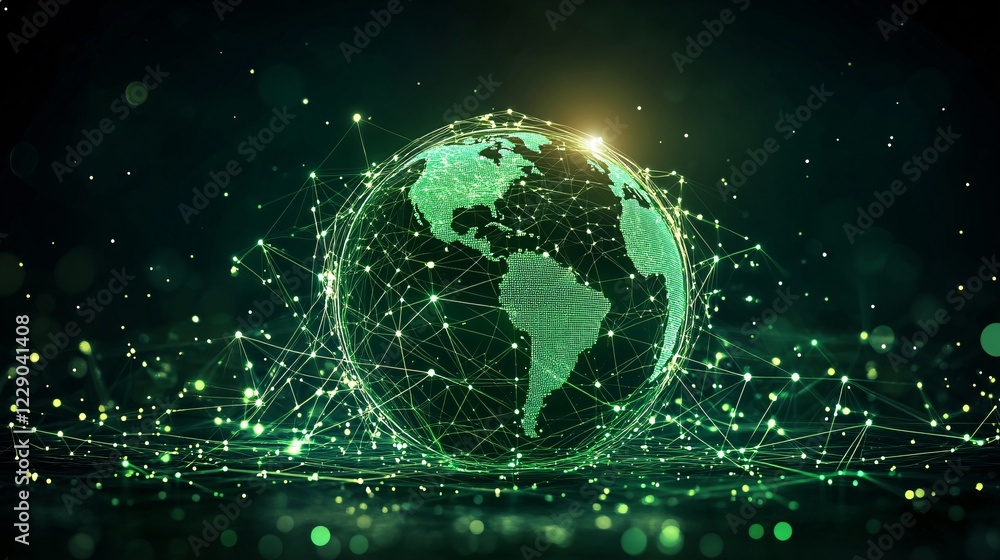 Obraz premium Glowing green digital globe with intricate network lines, futuristic design on a dark backdrop, showcasing advanced global communication.