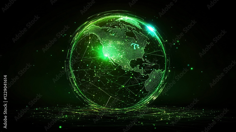 Obraz premium Glowing green digital globe with intricate network lines, futuristic design on a dark backdrop, showcasing advanced global communication.