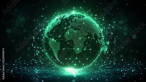 Glowing green digital globe with intricate network lines, futuristic design on a dark backdrop, showcasing advanced global communication.