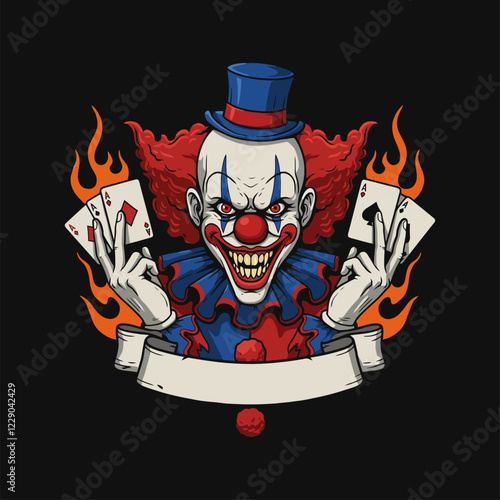 Menacing Clown with Aces: A Fiery Vintage Illustration