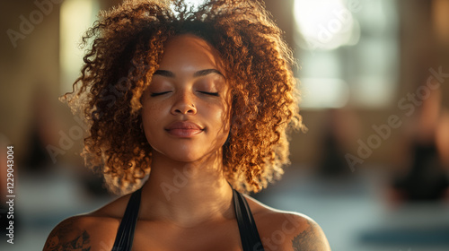 Beautiful african american woman with closed eyes in gym.