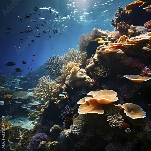 Coral reef juxtaposing patches of bleached coral with vivid marine life, AI generated photo