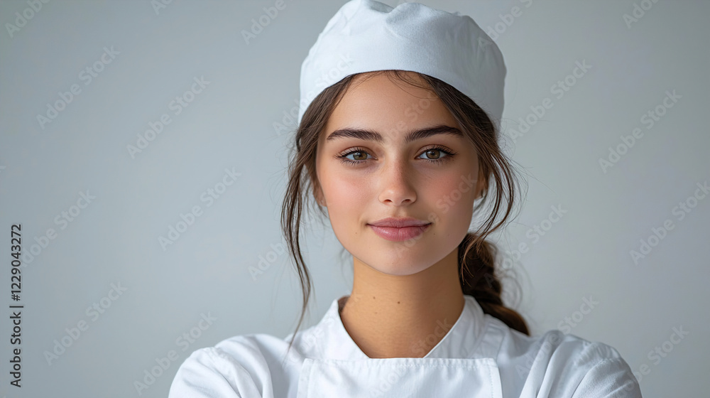 Young chef wearing a white uniform and hat poses confidently with a warm smile in a contemporary kitchen setting. Generative AI Young chef wearing a white uniform and hat poses confidently with a warm smile in a contemporary kitchen setting. Generative AI