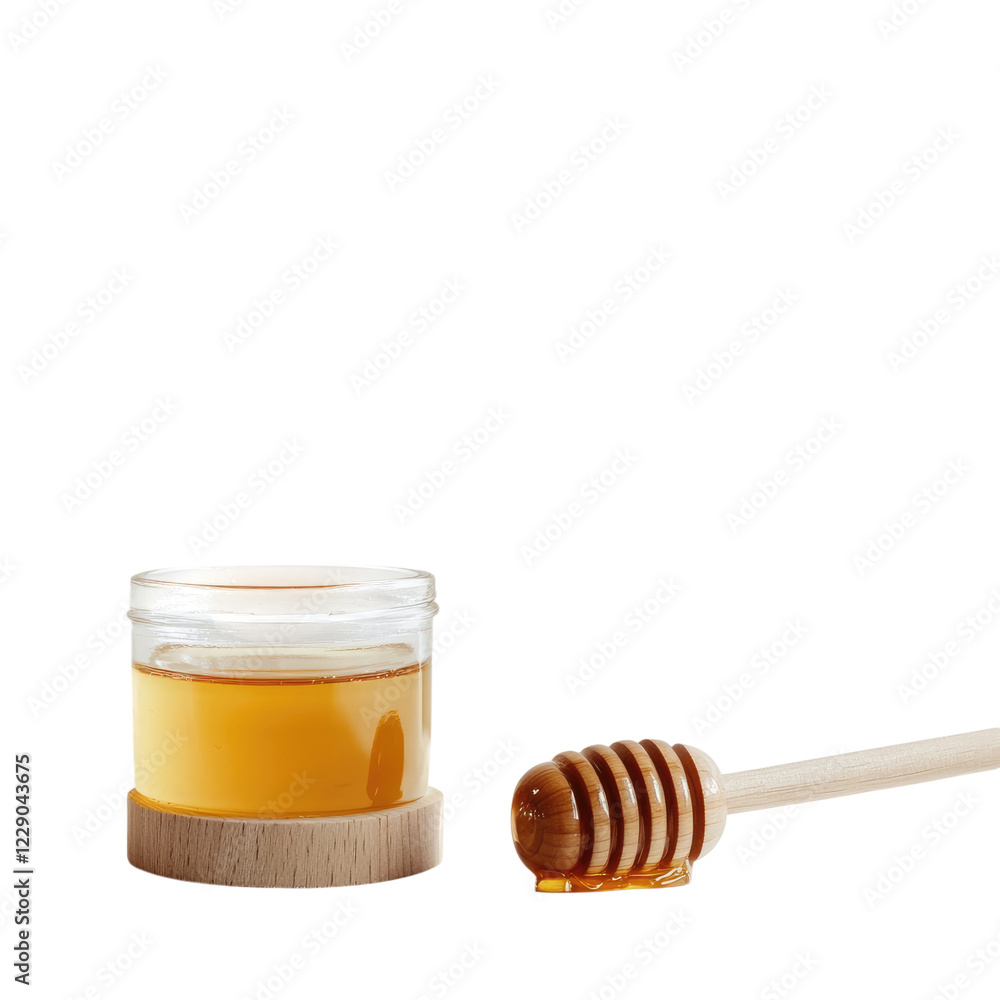 Honey dripping from a wooden honey dipper next to a glass jar, isolated on a white background alpha, transparent background png Honey dripping from a wooden honey dipper next to a glass jar, isolated on a white background alpha, transparent background png