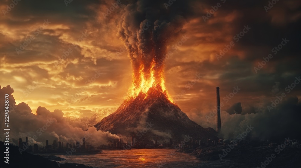 Fototapeta premium A stunning view of an erupting volcano with flowing lava and dark smoke against a dramatic sky. This captivating image showcases the power of nature.