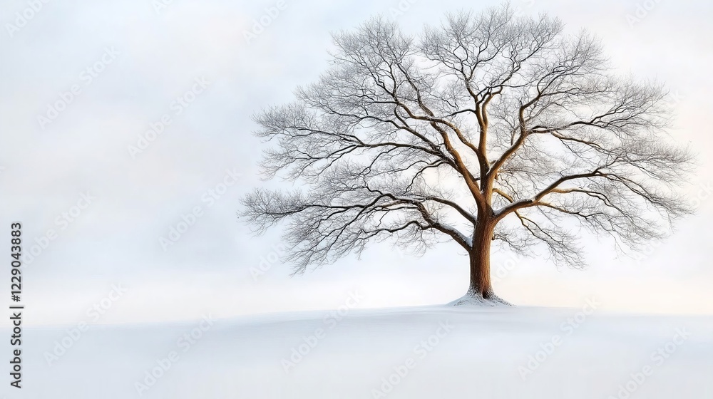 Fototapeta premium A solitary bare tree standing on a snowy field under soft daylight, symbolizing simplicity, resilience, and peace