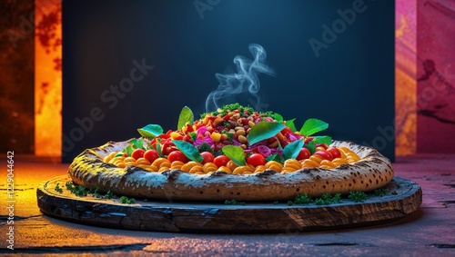 Rustic pizza with steaming toppings and fresh ingredients on a wooden board photo