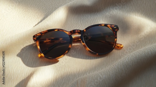 Close up of luxurious tortoiseshell wayfarer sunglasses on beige fabric with soft illumination