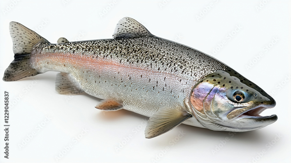 Rainbow trout laying on a white surface showcasing its vibrant colors and distinct features. Generative AI Rainbow trout laying on a white surface showcasing its vibrant colors and distinct features. Generative AI
