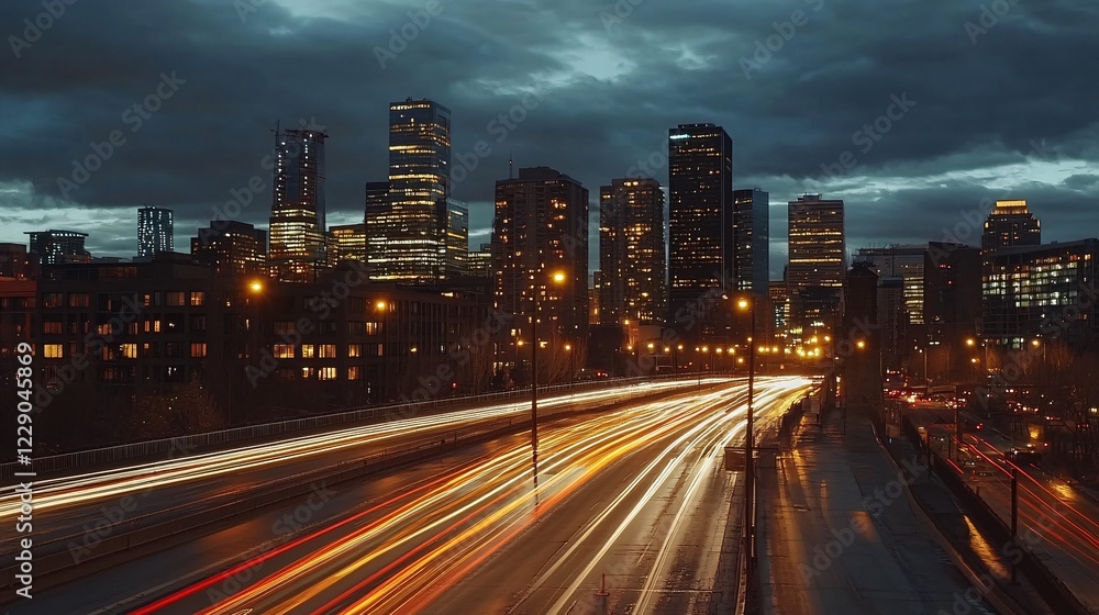 Vibrant Cityscape at Dusk with Light Trails and Dramatic Sky Vibrant Cityscape at Dusk with Light Trails and Dramatic Sky