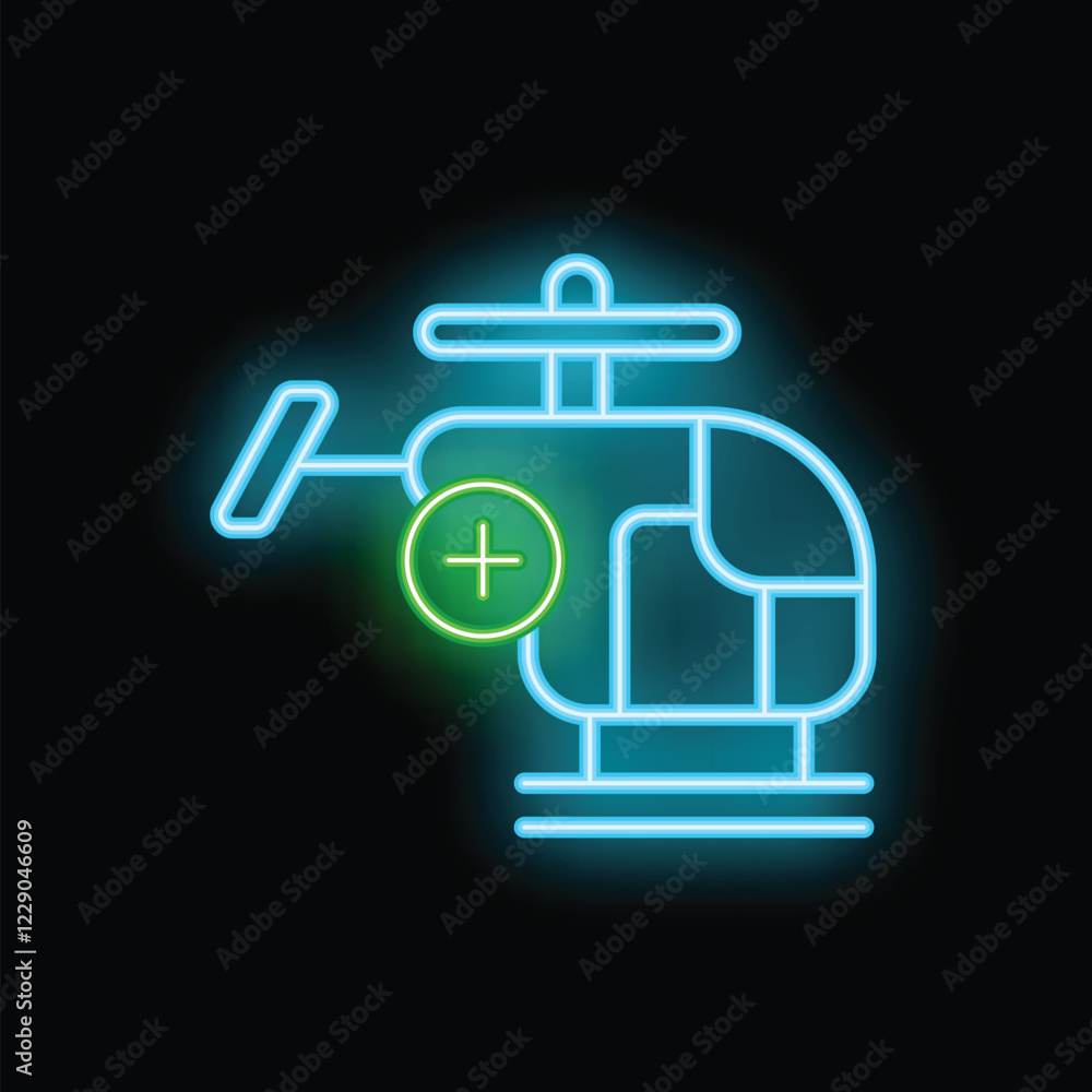 Glowing neon line medical helicopter icon isolated on a black background vector illustration Glowing neon line medical helicopter icon isolated on a black background vector illustration