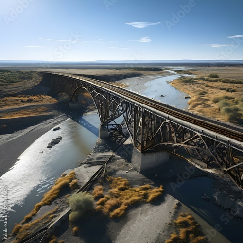 Collapsed bridge crossing an expansive dry riverbed, AI generated photo