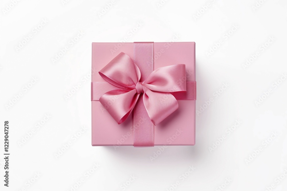 Top view of pink gift box with ribbon on white background. KI generiert, generiert AI generated