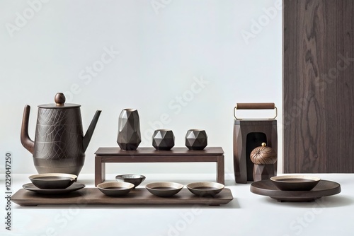 A modern reinterpretation of the traditional Japanese tea ceremony in a minimalist setting that combines the classic values of hospitality and grace with a contemporary flair, tea service, Japan, AI generated, AI generated, Asia photo